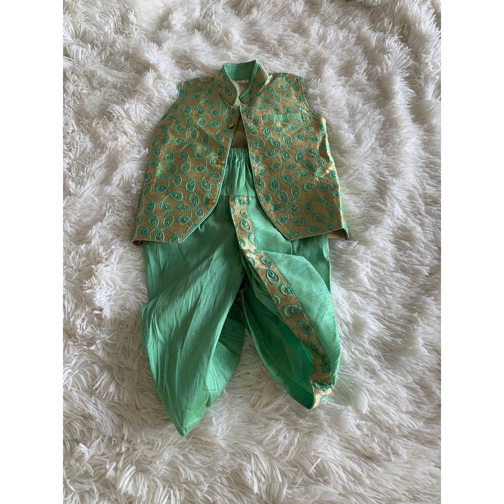 Kids Traditional Indian Dhoti Kurta Set Green Gold Embroidered Vest Size 2